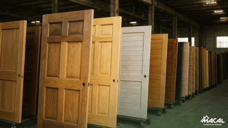 Portas maciças de madeira em diferentes modelos e tonalidades