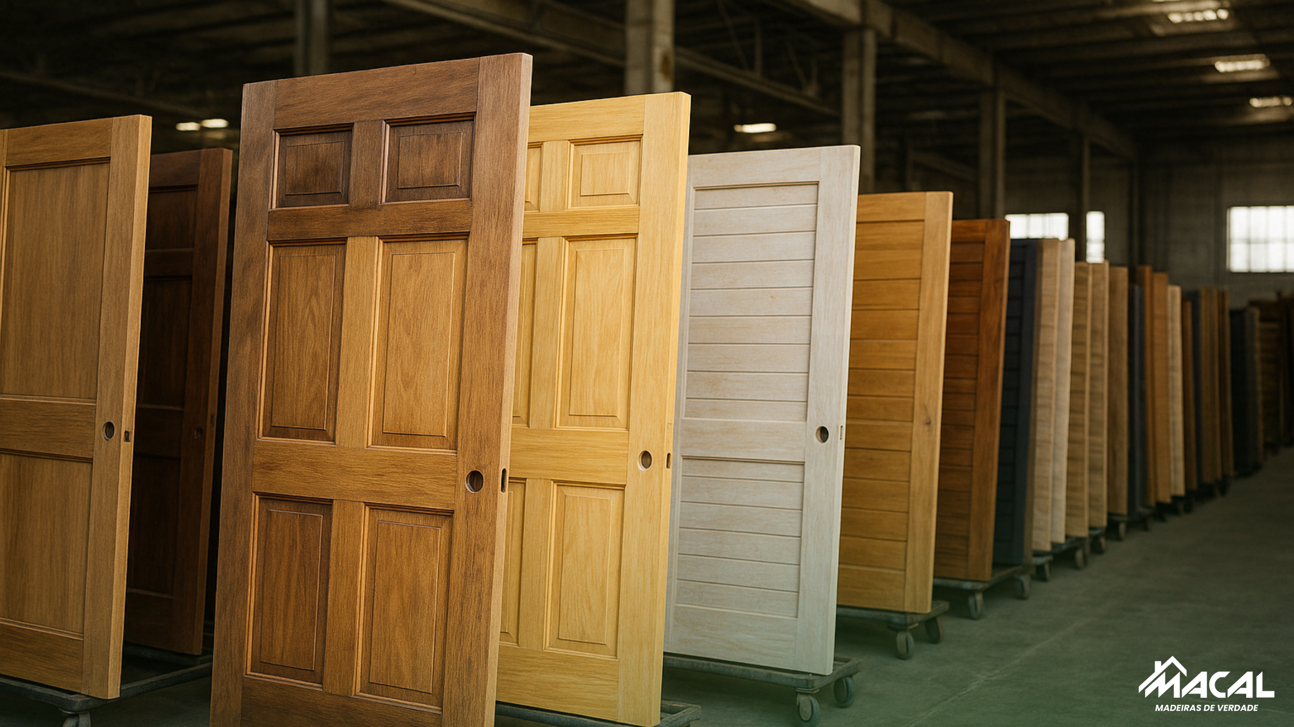 Portas maciças de madeira em diferentes modelos e tonalidades